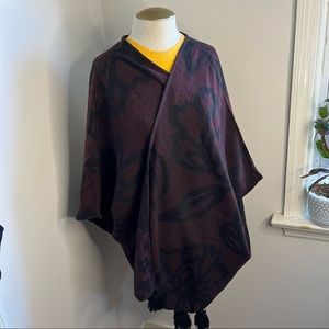 Cleobella Dark Floral Knit Poncho Shawl with Pom Poms